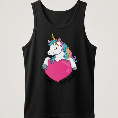 Kawaii unicorn t-shirt with colorful 'LOVE UNICORSE' text and rainbow accents — printed on a tank top
