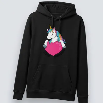 Kawaii unicorn t-shirt with colorful 'LOVE UNICORSE' text and rainbow accents — printed on a unisex hoodie