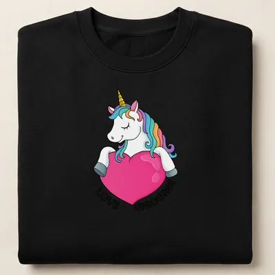 Kawaii unicorn t-shirt with colorful 'LOVE UNICORSE' text and rainbow accents — printed on a unisex sweatshirt