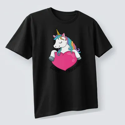 Kawaii unicorn t-shirt with colorful 'LOVE UNICORSE' text and rainbow accents — printed on a unisex t-shirt (angled view)