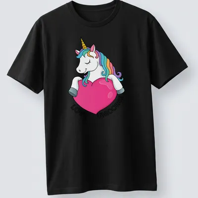 Kawaii unicorn t-shirt with colorful 'LOVE UNICORSE' text and rainbow accents