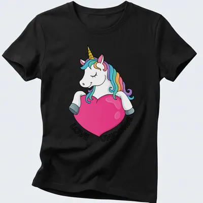 Kawaii unicorn t-shirt with colorful 'LOVE UNICORSE' text and rainbow accents — printed on a women's shirt