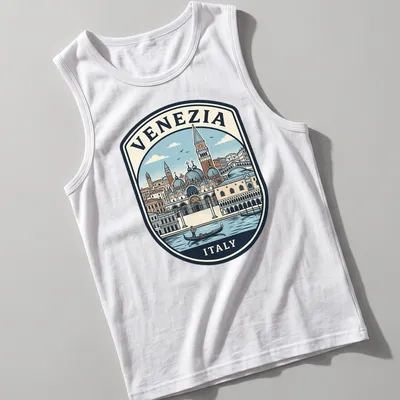 Vintage travel emblem t-shirt featuring Venice skyline with text Venezia Italy — printed on a tank top