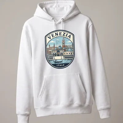 Vintage travel emblem t-shirt featuring Venice skyline with text Venezia Italy — printed on a unisex hoodie