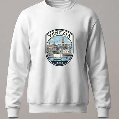 Vintage travel emblem t-shirt featuring Venice skyline with text Venezia Italy — printed on a unisex sweatshirt