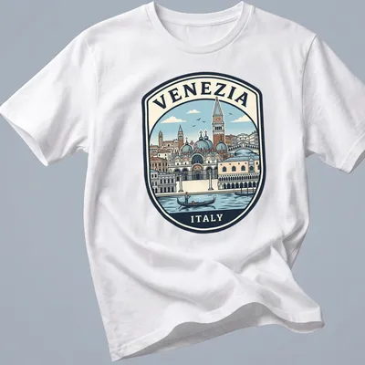 Vintage travel emblem t-shirt featuring Venice skyline with text Venezia Italy
