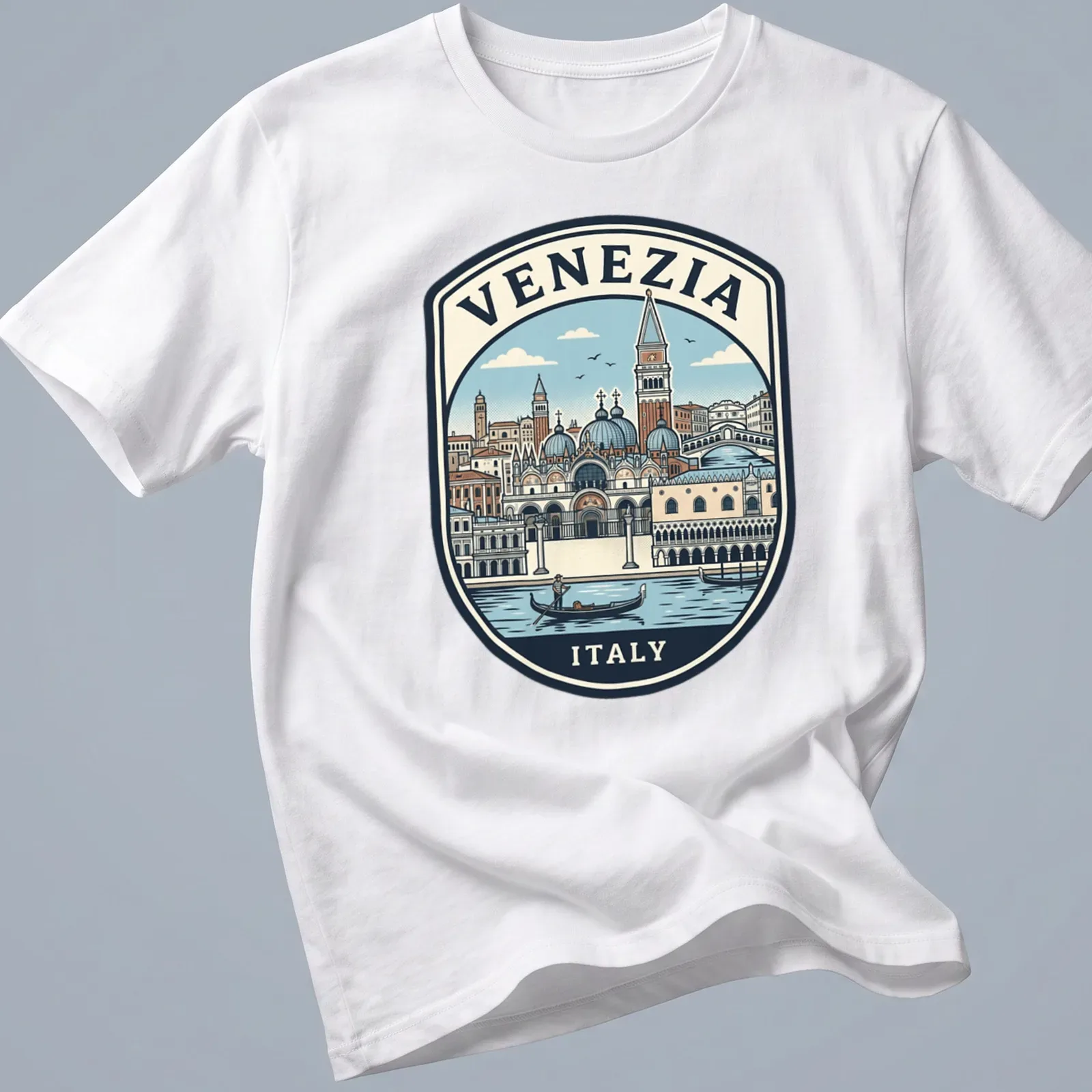 Vintage travel emblem t-shirt featuring Venice skyline with text Venezia Italy — printed on a unisex t-shirt