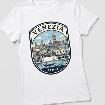 Vintage travel emblem t-shirt featuring Venice skyline with text Venezia Italy — printed on a women's shirt