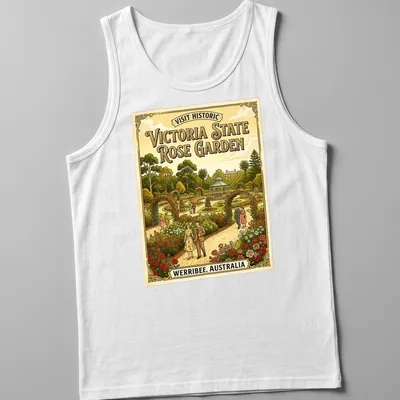 Vintage poster style t-shirt featuring the Victoria State Rose Garden with vibrant roses and foliage — printed on a tank top