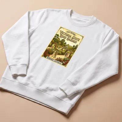 Vintage poster style t-shirt featuring the Victoria State Rose Garden with vibrant roses and foliage — printed on a unisex sweatshirt