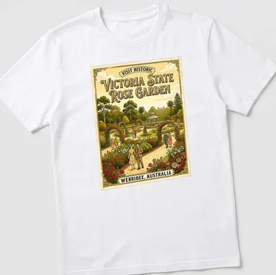 Vintage poster style t-shirt featuring the Victoria State Rose Garden with vibrant roses and foliage — printed on a unisex t-shirt