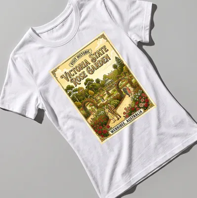 Vintage poster style t-shirt featuring the Victoria State Rose Garden with vibrant roses and foliage — printed on a women's shirt