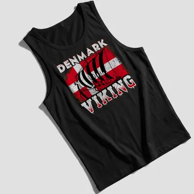 Distressed Viking ship graphic with Denmark flag colors and bold text — printed on a tank top