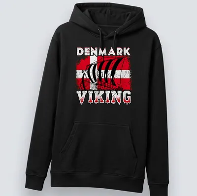Distressed Viking ship graphic with Denmark flag colors and bold text — printed on a unisex hoodie