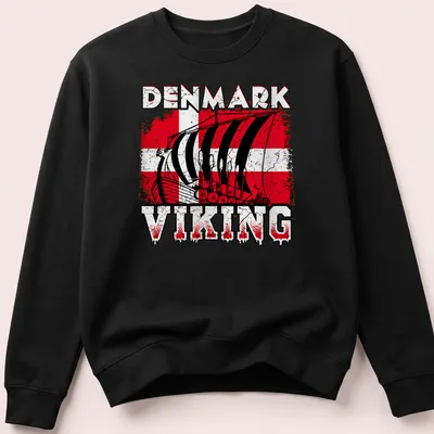 Distressed Viking ship graphic with Denmark flag colors and bold text — printed on a unisex sweatshirt