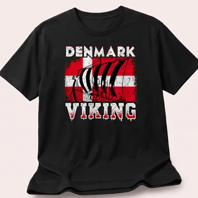 Distressed Viking ship graphic with Denmark flag colors and bold text