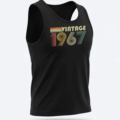 Vintage distressed t-shirt featuring 'VINTAGE 1967' in a retro font — printed on a tank top