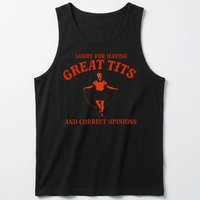 Retro print of a vintage girl jumping rope with humorous text about opinions and body image. — printed on a tank top