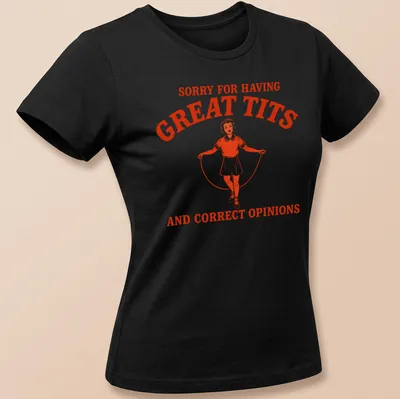 Retro print of a vintage girl jumping rope with humorous text about opinions and body image. — printed on a women's shirt