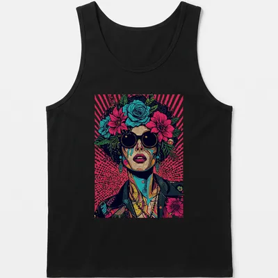 Vintage melting portrait with neon floral elements in pop art style — printed on a tank top