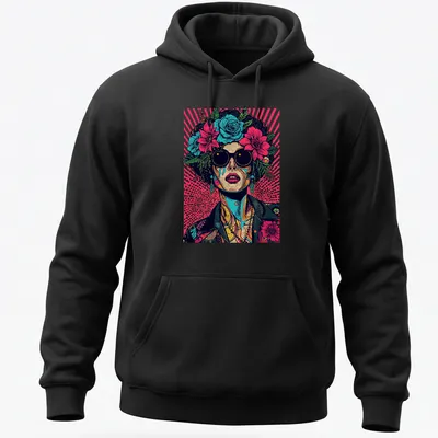 Vintage melting portrait with neon floral elements in pop art style — printed on a unisex hoodie