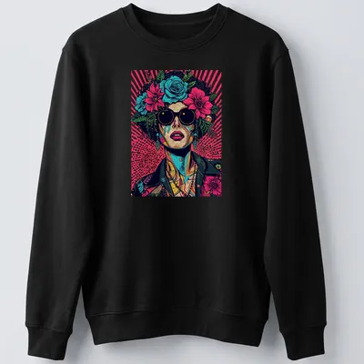 Vintage melting portrait with neon floral elements in pop art style — printed on a unisex sweatshirt