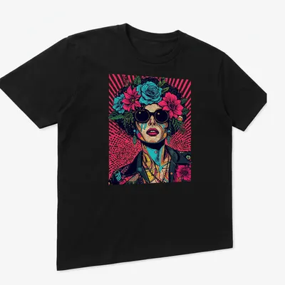 Vintage melting portrait with neon floral elements in pop art style — printed on a unisex t-shirt (angled view)