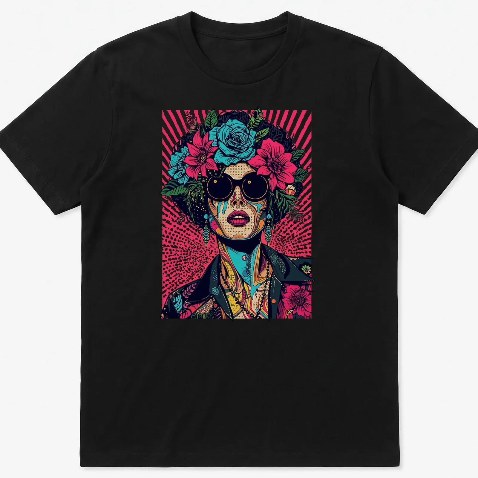 Vintage melting portrait with neon floral elements in pop art style — printed on a unisex t-shirt