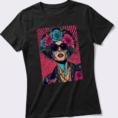 Vintage melting portrait with neon floral elements in pop art style — printed on a women's shirt