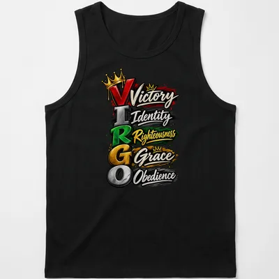 Graffiti style t-shirt featuring Virgo symbol with colorful text about virtues — printed on a tank top