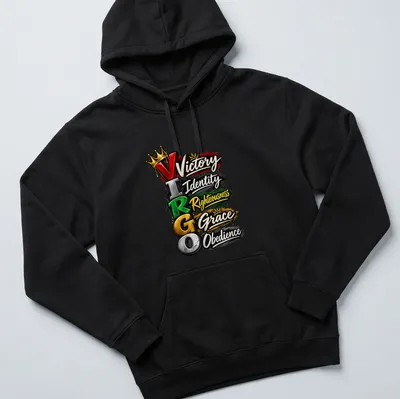 Graffiti style t-shirt featuring Virgo symbol with colorful text about virtues — printed on a unisex hoodie
