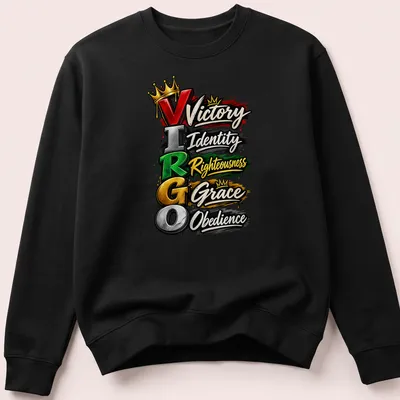 Graffiti style t-shirt featuring Virgo symbol with colorful text about virtues — printed on a unisex sweatshirt
