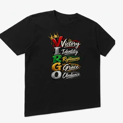 Graffiti style t-shirt featuring Virgo symbol with colorful text about virtues — printed on a unisex t-shirt (angled view)