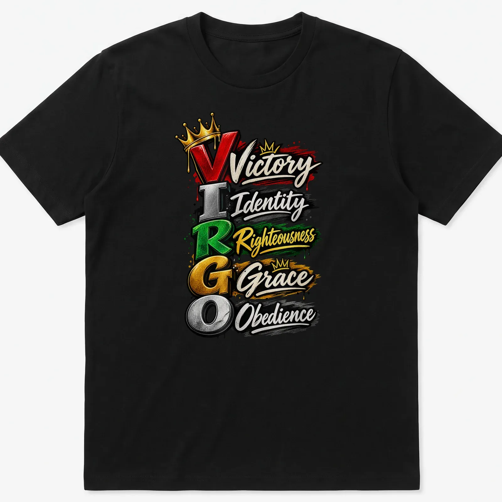 Graffiti style t-shirt featuring Virgo symbol with colorful text about virtues — printed on a unisex t-shirt