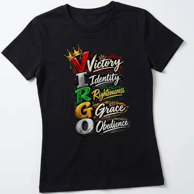 Graffiti style t-shirt featuring Virgo symbol with colorful text about virtues — printed on a women's shirt