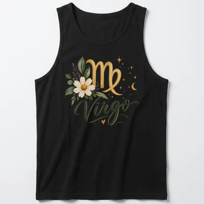 Elegant Virgo zodiac sign decorated with flowers in gold, green, white, and purple — printed on a tank top