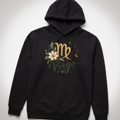 Elegant Virgo zodiac sign decorated with flowers in gold, green, white, and purple — printed on a unisex hoodie