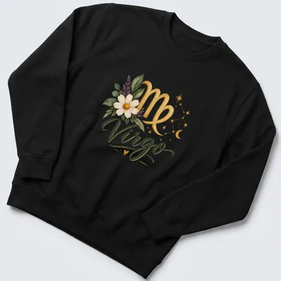 Elegant Virgo zodiac sign decorated with flowers in gold, green, white, and purple — printed on a unisex sweatshirt