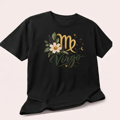Elegant Virgo zodiac sign decorated with flowers in gold, green, white, and purple — printed on a unisex t-shirt (angled view)