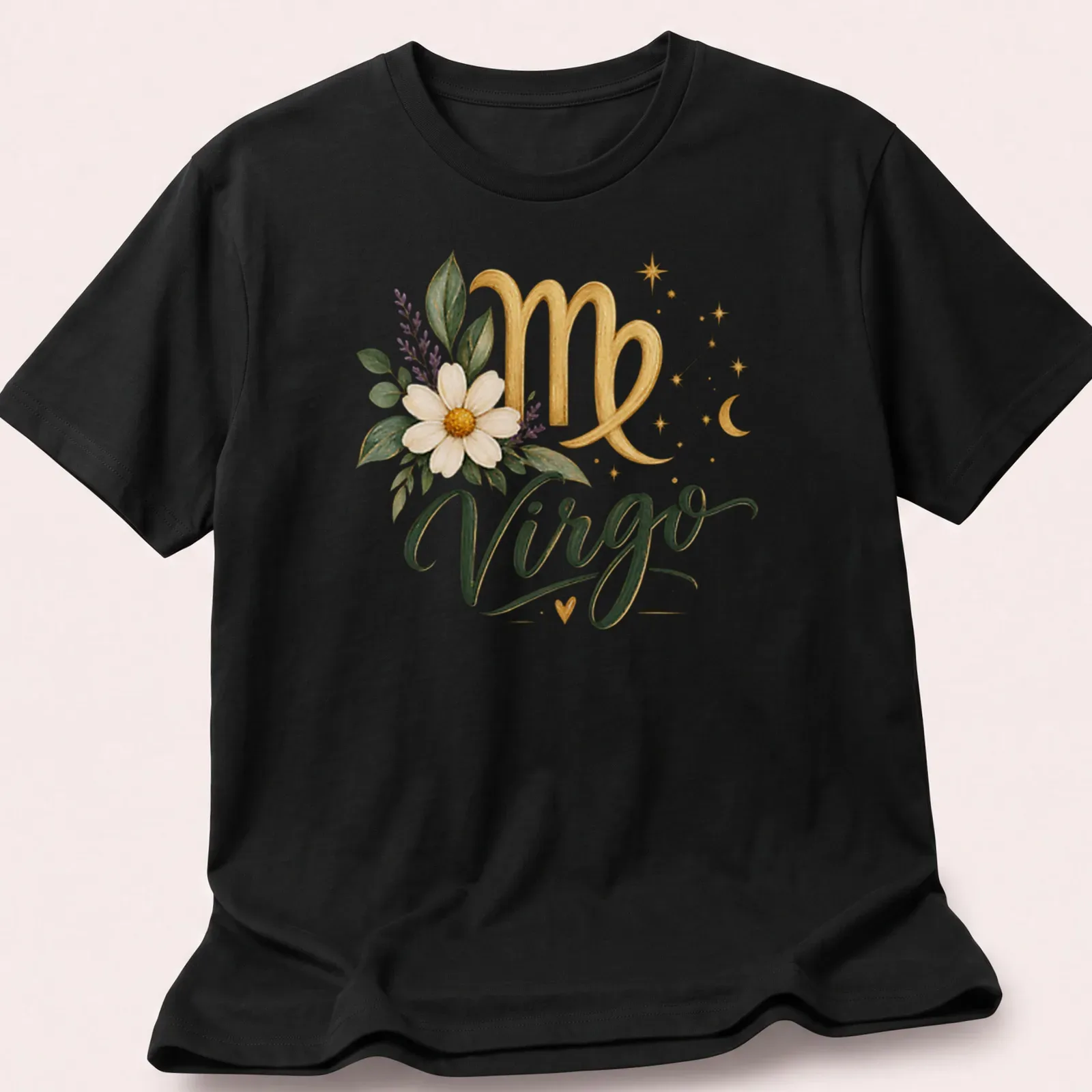 Elegant Virgo zodiac sign decorated with flowers in gold, green, white, and purple — printed on a unisex t-shirt