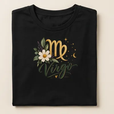 Elegant Virgo zodiac sign decorated with flowers in gold, green, white, and purple — printed on a women's shirt