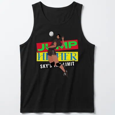 Bold graphic of a volleyball player jumping with motivational text in bright colors — printed on a tank top