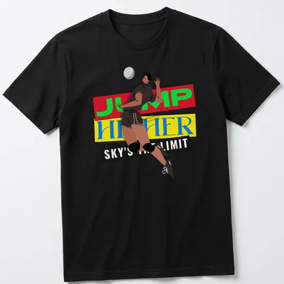 Bold graphic of a volleyball player jumping with motivational text in bright colors