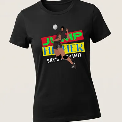 Bold graphic of a volleyball player jumping with motivational text in bright colors — printed on a women's shirt