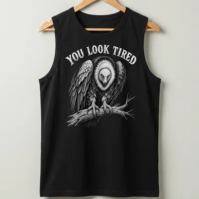 Vulture graphic with the text 'YOU LOOK TIRED' in retro font — printed on a tank top