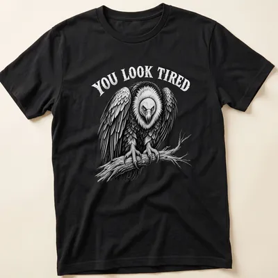 Vulture graphic with the text 'YOU LOOK TIRED' in retro font — printed on a unisex t-shirt