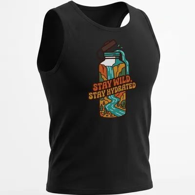Colorful retro design with a water bottle, river, and mountains alongside the text Stay Wild, Stay Hydrated. — printed on a tank top