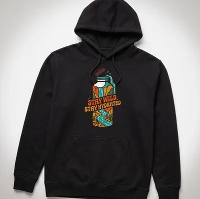 Colorful retro design with a water bottle, river, and mountains alongside the text Stay Wild, Stay Hydrated. — printed on a unisex hoodie