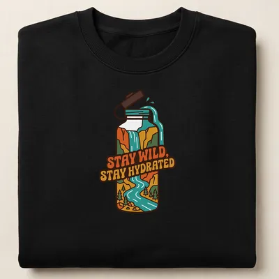 Colorful retro design with a water bottle, river, and mountains alongside the text Stay Wild, Stay Hydrated. — printed on a unisex sweatshirt