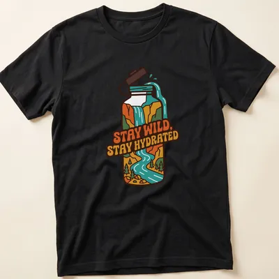 Colorful retro design with a water bottle, river, and mountains alongside the text Stay Wild, Stay Hydrated.